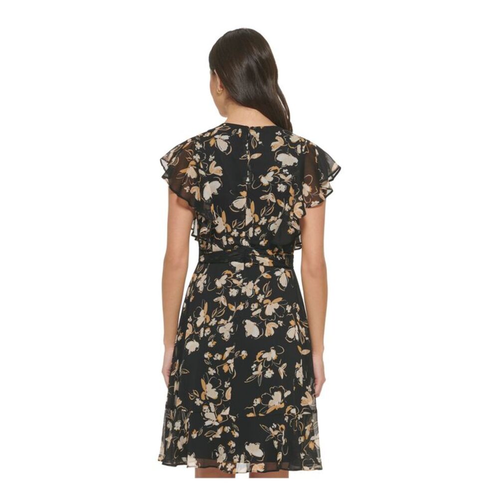 DKNY Womens Black Twist Front Flounce Hem Lined Flutter Sleeve Dress 4 - Picture 2 of 4